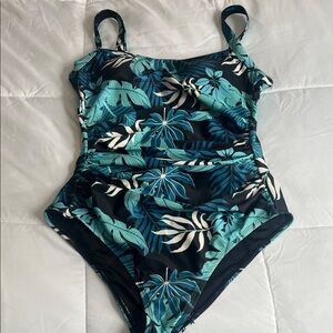 32 Degrees Kids Swim One Piece - Blue and Black Leaf Design